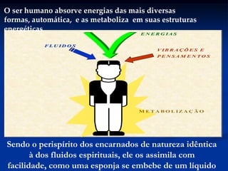 M E T A B O L IZ A Ç Ã O
F L U ID O SF L U ID O S
E N E R G IA SE N E R G IA S
V IB R A Ç Õ E S EV IB R A Ç Õ E S E
P E N S A M E N T O SP E N S A M E N T O S
O ser humano absorve energias das mais diversas
formas, automática, e as metaboliza em suas estruturas
energéticas.
Sendo o perispírito dos encarnados de natureza idêntica
à dos fluidos espirituais, ele os assimila com
facilidade, como uma esponja se embebe de um líquido
 