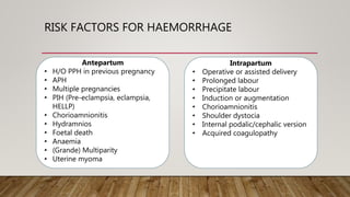 RISK FACTORS FOR HAEMORRHAGE
Antepartum
• H/O PPH in previous pregnancy
• APH
• Multiple pregnancies
• PIH (Pre-eclampsia, eclampsia,
HELLP)
• Chorioamnionitis
• Hydramnios
• Foetal death
• Anaemia
• (Grande) Multiparity
• Uterine myoma
Intrapartum
• Operative or assisted delivery
• Prolonged labour
• Precipitate labour
• Induction or augmentation
• Chorioamnionitis
• Shoulder dystocia
• Internal podalic/cephalic version
• Acquired coagulopathy
 
