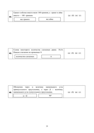 Гранат и яблоко вместе весят 160 граммов, а гранат и айва
      вместе _ 180 граммов.                                        (а) (б) (в) (г)
44.
             вес граната                    вес айвы




      Сумма некоторого количества слагаемых равна         54,16.
      Каждое слагаемое не превышает 8.                             (а) (б) (в) (г)
45.
        количество слагаемых                      9




    Обозначим через α величину наименьшего угла
    прямоугольного треугольника, а через β _ величину
46. наименьшего угла тупоугольного треугольника.                   (а) (б) (в) (г)
                α+β                              90°




                                            23
 
