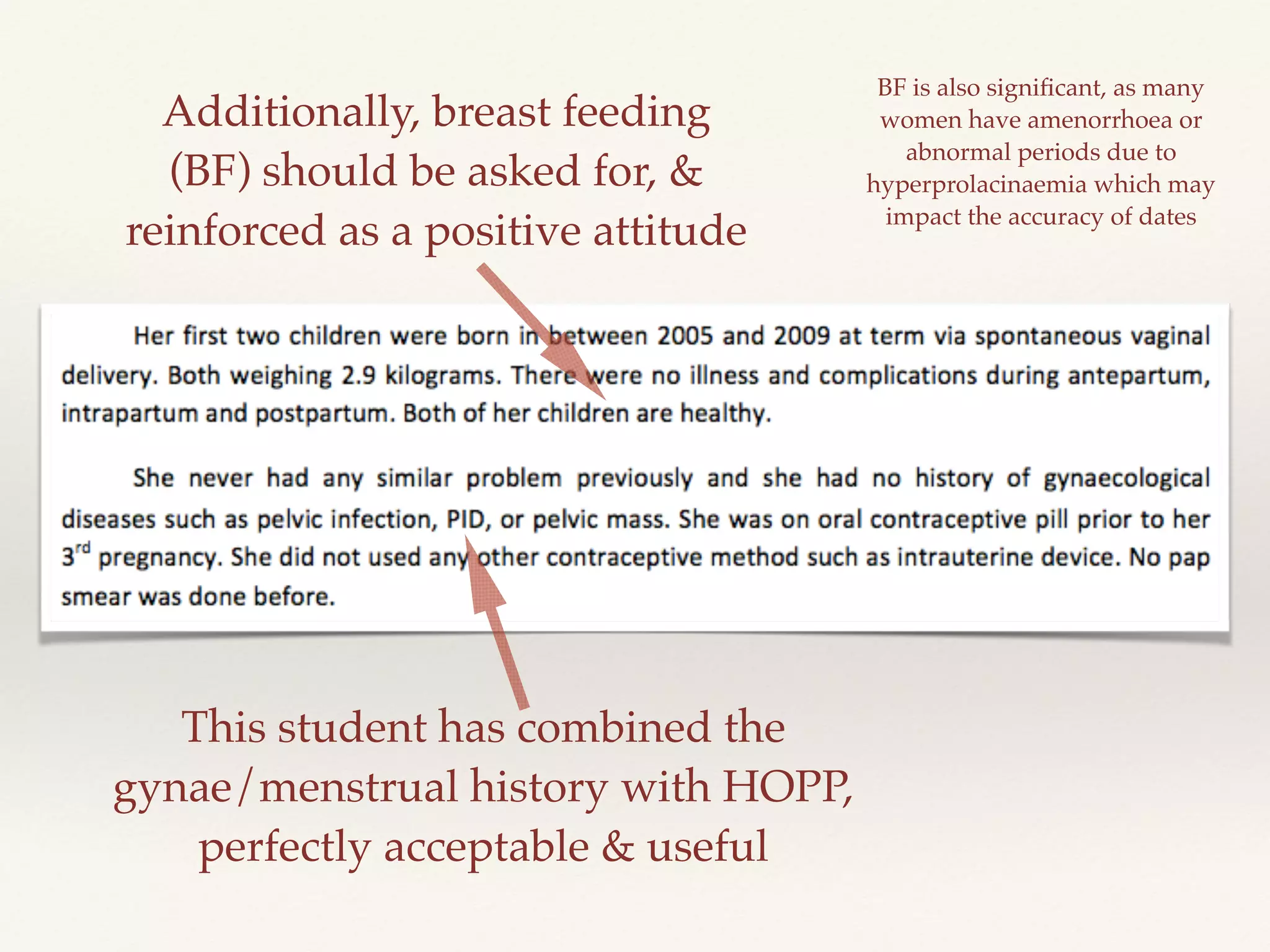 Additionally, breast feeding 
(BF) should be asked for, & 
reinforced as a positive attitude 
This student has combined the 
gynae/menstrual history with HOPP, 
perfectly acceptable & useful 
BF is also significant, as many 
women have amenorrhoea or 
abnormal periods due to 
hyperprolacinaemia which may 
impact the accuracy of dates 
 