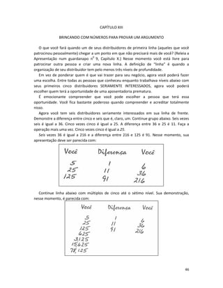 46
CAPÍTULO XIII
BRINCANDO COM NÚMEROS PARA PROVAR UM ARGUMENTO
O que você fará quando um de seus distribuidores de primeira linha (aqueles que você
patrocinou pessoalmente) chegar a um ponto em que não precisará mais de você? (Releia a
Apresentação num guardanapo n0
9, Capítulo X.) Nesse momento você está livre para
patrocinar outra pessoa e criar uma nova linha. A definição de “linha” é quando a
organização de seu distribuidor tem pelo menos três níveis de profundidade.
Em vez de ponderar quem é que vai trazer para seu negócio, agora você poderá fazer
uma escolha. Entre todas as pessoas que conheceu enquanto trabalhava níveis abaixo com
seus primeiros cinco distribuidores SERIAMENTE INTERESSADOS, agora você poderá
escolher quem terá a oportunidade de uma aposentadoria prematura.
É emocionante compreender que você pode escolher a pessoa que terá essa
oportunidade. Você fica bastante poderoso quando compreender e acreditar totalmente
nisso.
Agora você tem seis distribuidores seriamente interessados em sua linha de frente.
Demonstre a diferença entre cinco e seis que é, claro, um. Continue grupo abaixo. Seis vezes
seis é igual a 36. Cinco vezes cinco é igual a 25. A diferença entre 36 e 25 é 11. Faça a
operação mais uma vez. Cinco vezes cinco é igual a 25.
Seis vezes 36 é igual a 216 e a diferença entre 216 e 125 é 91. Nesse momento, sua
apresentação deve ser parecida com:
Continue linha abaixo com múltiplos de cinco até o sétimo nível. Sua demonstração,
nesse momento, é parecida com:
 