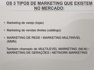 OS 3 TIPOS DE MARKETING QUE EXISTEM
NO MERCADO:
• Marketing de varejo (lojas)
• Marketing de vendas diretas (catálogo)
• MARKETING DE REDE / MARKETING MULTINÍVEL
(MMN)
Também chamado de MULTILEVEL MARKETING (MLM) /
MARKETING DE GERAÇÕES / NETWORK MARKETING
 