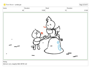 Scene
48
Duration
10:00
Panel
10
Duration
01:00
Dialog
Advisors: (o/s, snappily) Well, WE'RE not!
rumble jaw Page 237/477
 