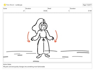 Scene
21
Duration
05:00
Panel
5
Duration
01:00
Action Notes
PB pulls cord and quickly changes into something more fashionable
rumble jaw Page 110/477
 