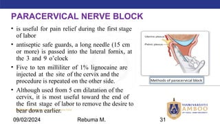 AMBO University School/college name here
PARACERVICAL NERVE BLOCK
• is useful for pain relief during the first stage
of labor
• antiseptic safe guards, a long needle (15 cm
or more) is passed into the lateral fornix, at
the 3 and 9 o’clock
• Five to ten milliliter of 1% lignocaine are
injected at the site of the cervix and the
procedure is repeated on the other side.
• Although used from 5 cm dilatation of the
cervix, it is most useful toward the end of
the first stage of labor to remove the desire to
bear down earlier.
09/02/2024 Rebuma M. 31
 