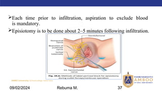 AMBO University School/college name here
Each time prior to infiltration, aspiration to exclude blood
is mandatory.
Episiotomy is to be done about 2–5 minutes following infiltration.
09/02/2024 Rebuma M. 37
 