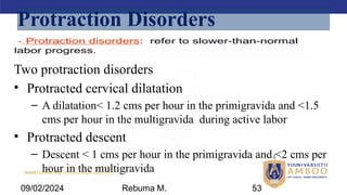 AMBO University School/college name here
09/02/2024 53
Protraction Disorders
Two protraction disorders
• Protracted cervical dilatation
– A dilatation< 1.2 cms per hour in the primigravida and <1.5
cms per hour in the multigravida during active labor
• Protracted descent
– Descent < 1 cms per hour in the primigravida and <2 cms per
hour in the multigravida
Rebuma M.
 