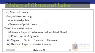 AMBO University School/college name here
09/02/2024 69
Etiology of Obstructed Labor
• (I) Maternal causes:
1-Bony obstruction : e.g.
- Contracted pelvis.
- Tumours of pelvic bones.
2-Soft tissue obstruction:
i) Uterus: - Impacted subserous pedunculated fibroid.
ii) Cervix: cervical dystocia.
iii) Vagina: − Septa. − Stenosis. − Tumours.
iv) Ovaries : Impacted ovarian tumours.
Rebuma M.
 