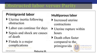 AMBO University School/college name here
09/02/2024 75
Obstructed labor versus Parity
Primigravid labor
 Uterine inertia following
obstruction
 Labor can continue for days
 Sepsis and shock are causes
of death
 Fistula is a major
complications
Multiparous labor
 Increased uterine
contractions
 Uterine rupture within
hours
 Death often faster
compared to the
primigravida
Rebuma M.
 