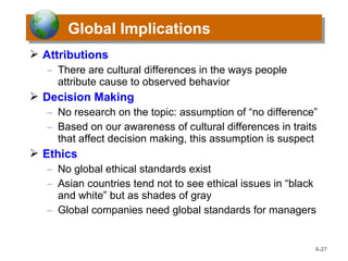 Global ImplicationsGlobal Implications
 Attributions
– There are cultural differences in the ways people
attribute cause to observed behavior
 Decision Making
– No research on the topic: assumption of “no difference”
– Based on our awareness of cultural differences in traits
that affect decision making, this assumption is suspect
 Ethics
– No global ethical standards exist
– Asian countries tend not to see ethical issues in “black
and white” but as shades of gray
– Global companies need global standards for managers
6-27
 