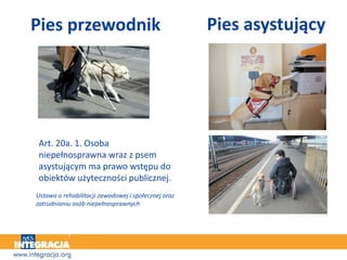 Art. 20a. 1. Osoba
niepełnosprawna wraz z psem
asystującym ma prawo wstępu do
obiektów użyteczności publicznej.
Ustawa o rehabilitacji zawodowej i społecznej oraz
zatrudnianiu osób niepełnosprawnych
Pies asystującyPies przewodnik
 