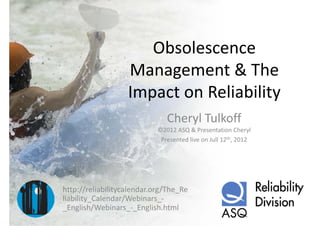 Obsolescence 
                      Obsolescence
                   Management & The 
                   Management & The
                     p                 y
                   Impact on Reliability
                               Cheryl Tulkoff
                            ©2012 ASQ & Presentation Cheryl
                             Presented live on Jull 12th, 2012




http://reliabilitycalendar.org/The_Re
liability_Calendar/Webinars_
liability Calendar/Webinars ‐
_English/Webinars_‐_English.html
 