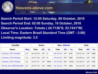 Heavens-above.com

Search Period Start: 12:00 Saturday, 09 October, 2010
Search Period End: 02:00 Sunday, 10 October, 2010
Observer's Location: Toledo ( 24.7136°S, 53.7431°W)
Local Time: Eastern Brazil Standard Time (GMT - 3:00)
Limiting magnitude: 3.5




                                                        Marcos Calil
 