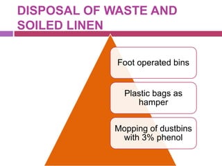 DISPOSAL OF WASTE AND
SOILED LINEN
Foot operated bins
Plastic bags as
hamper
Mopping of dustbins
with 3% phenol
 