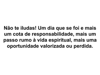 Não te iludas! Um dia que se foi e mais
um cota de responsabilidade, mais um
passo rumo à vida espiritual, mais uma
oportunidade valorizada ou perdida.
 