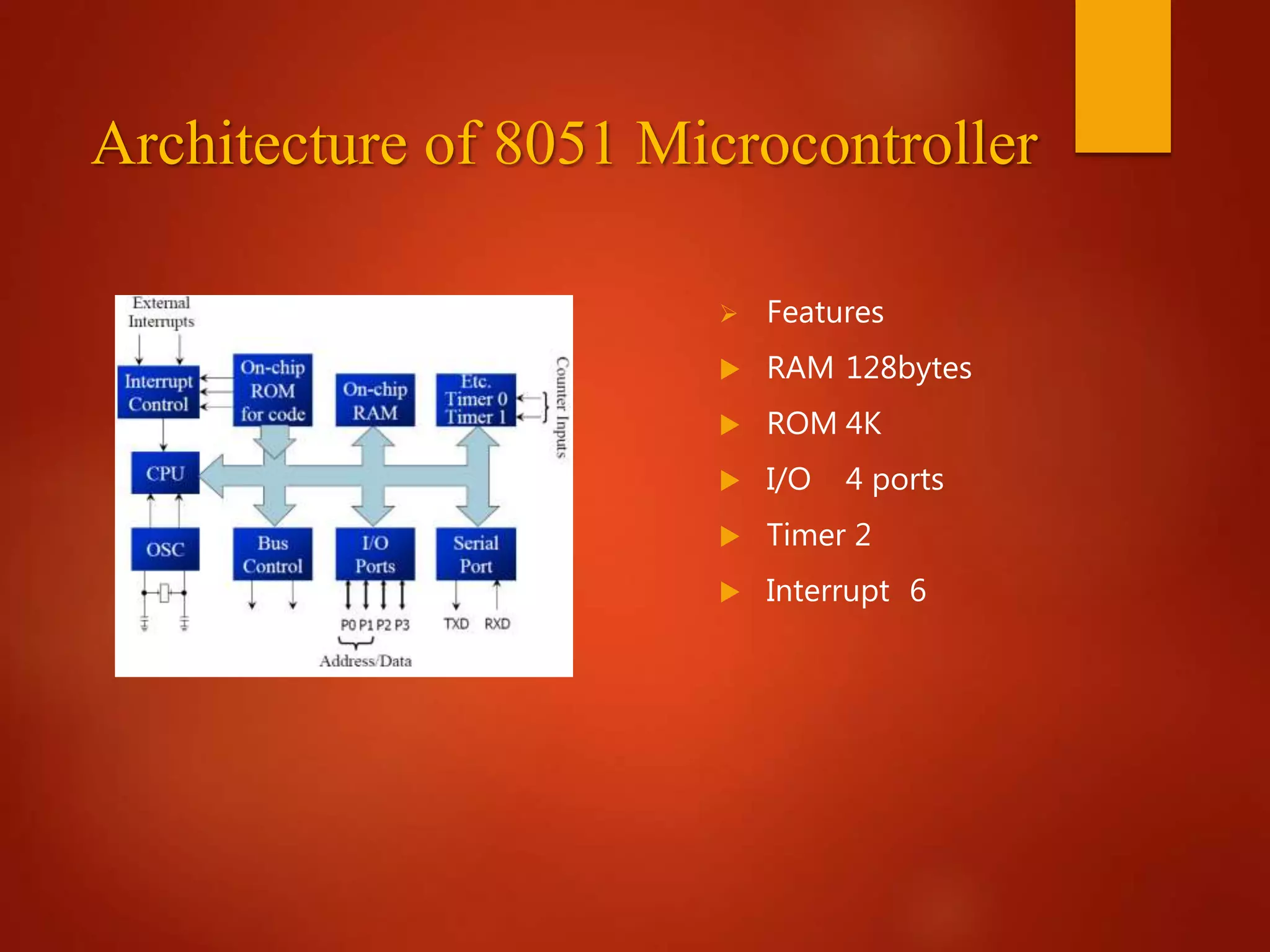 Architecture of 8051 Microcontroller
 Features
 RAM 128bytes
 ROM 4K
 I/O 4 ports
 Timer 2
 Interrupt 6
 
