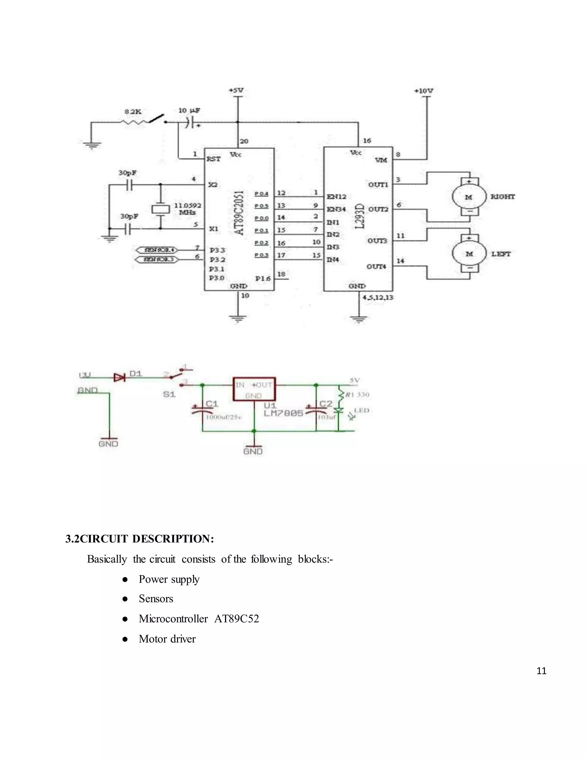 11 3.2CIRCUIT DESCRIPTION: Basically the circuit consists of the following blocks:- ● Power supply ● Sensors ● Microcontroller AT89C52 ● Motor driver 