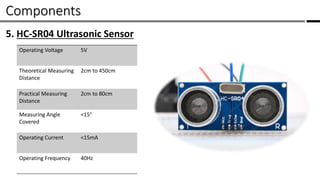 Components /
5. HC-SR04 Ultrasonic Sensor
Operating Voltage 5V
Theoretical Measuring
Distance
2cm to 450cm
Practical Measuring
Distance
2cm to 80cm
Measuring Angle
Covered
<15°
Operating Current <15mA
Operating Frequency 40Hz
 