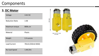 Components /
3. DC Motor
Voltage 3-6V DC
Reduction Ratio 1:48
Maximum torque 800k.cm
Material Plastic
Weight 2.4 ounces
Load Current 70mA (250mA MAX)
No-load Speed 1:48 (3V)
 