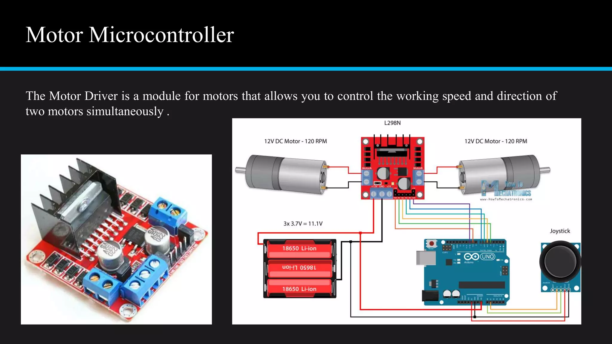 Motor Microcontroller
The Motor Driver is a module for motors that allows you to control the working speed and direction of
two motors simultaneously .
 