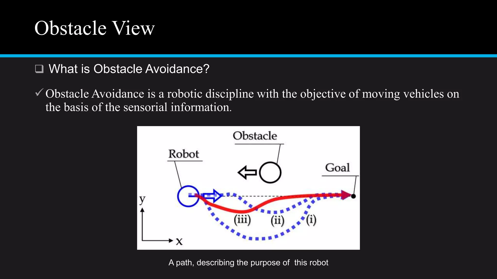 Obstacle View
 What is Obstacle Avoidance?
Obstacle Avoidance is a robotic discipline with the objective of moving vehicles on
the basis of the sensorial information.
A path, describing the purpose of this robot
 