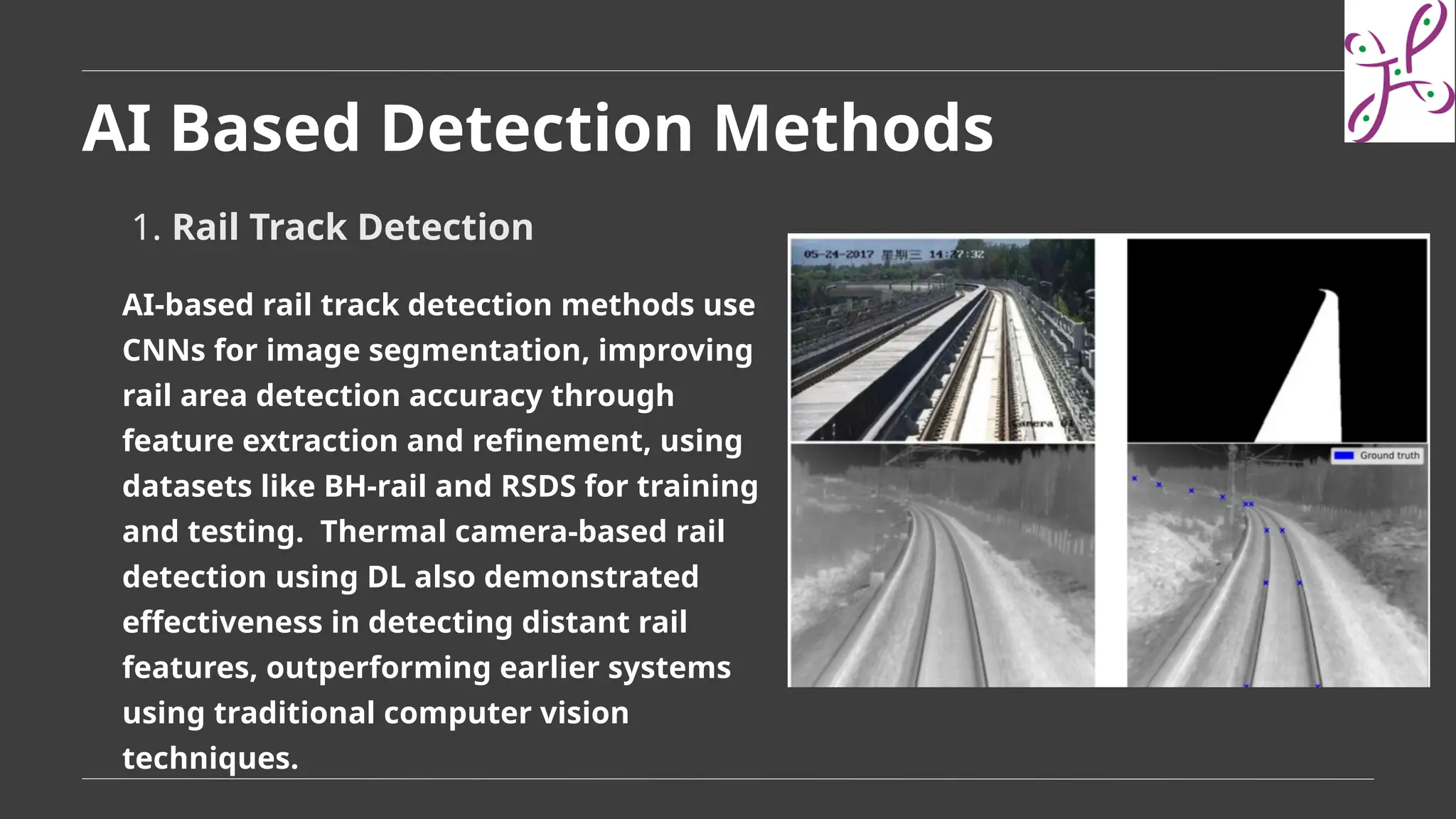 AI Based Detection Methods
1. Rail Track Detection
AI-based rail track detection methods use
CNNs for image segmentation, improving
rail area detection accuracy through
feature extraction and refinement, using
datasets like BH-rail and RSDS for training
and testing. Thermal camera-based rail
detection using DL also demonstrated
effectiveness in detecting distant rail
features, outperforming earlier systems
using traditional computer vision
techniques.
 