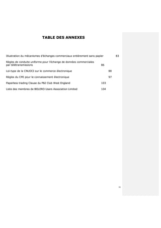 81
TTAABBLLEE DDEESS AANNNNEEXXEESS
IIlllluussttrraattiioonn dduu mmééccaanniissmmeess dd’’éécchhaannggeess ccoommmmeerrcciiaauuxx eennttiièèrreemmeenntt ssaannss ppaappiieerr 8833
RRèègglleess ddee ccoonndduuiittee uunniiffoorrmmee ppoouurr ll’’éécchhaannggee ddee ddoonnnnééeess ccoommmmeerrcciiaalleess
ppaarr ttééllééttrraannssmmiissssiioonnss 8866
LLooii--ttyyppee ddee llaa CCNNUUDDCCII ssuurr llee ccoommmmeerrccee éélleeccttrroonniiqquuee 8888
RRèègglleess dduu CCMMII ppoouurr llee ccoonnnnaaiisssseemmeenntt éélleeccttrroonniiqquuee 9977
PPaappeerrlleessss ttrraaddiinngg CCllaauussee dduu PP&&II CClluubb WWeesstt EEnnggllaanndd 110033
LLiissttee ddeess mmeemmbbrreess ddee BBOOLLEERROO UUsseerrss AAssssoocciiaattiioonn LLiimmiitteedd 110044
 