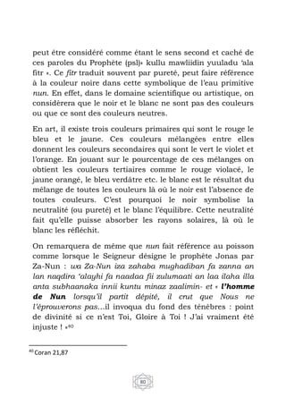 80
peut être considéré comme étant le sens second et caché de
ces paroles du Prophète (psl)« kullu mawliidin yuuladu ‘ala
fitr ». Ce fitr traduit souvent par pureté, peut faire référence
à la couleur noire dans cette symbolique de l’eau primitive
nun. En effet, dans le domaine scientifique ou artistique, on
considèrera que le noir et le blanc ne sont pas des couleurs
ou que ce sont des couleurs neutres.
En art, il existe trois couleurs primaires qui sont le rouge le
bleu et le jaune. Ces couleurs mélangées entre elles
donnent les couleurs secondaires qui sont le vert le violet et
l’orange. En jouant sur le pourcentage de ces mélanges on
obtient les couleurs tertiaires comme le rouge violacé, le
jaune orangé, le bleu verdâtre etc. le blanc est le résultat du
mélange de toutes les couleurs là où le noir est l’absence de
toutes couleurs. C’est pourquoi le noir symbolise la
neutralité (ou pureté) et le blanc l’équilibre. Cette neutralité
fait qu’elle puisse absorber les rayons solaires, là où le
blanc les réfléchit.
On remarquera de même que nun fait référence au poisson
comme lorsque le Seigneur désigne le prophète Jonas par
Za-Nun : wa Za-Nun iza zahaba mughadiban fa zanna an
lan naqdira ‘alayhi fa naadaa fii zulumaati an laa ilaha illa
anta subhaanaka innii kuntu minaz zaalimin- et « l’homme
de Nun lorsqu’il partit dépité, il crut que Nous ne
l’éprouverons pas…il invoqua du fond des ténèbres : point
de divinité si ce n’est Toi, Gloire à Toi ! J’ai vraiment été
injuste ! »40
40
Coran 21,87
 