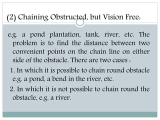 (2) Chaining Obstructed, but Vision Free:
e.g. a pond plantation, tank, river, etc. The
problem is to find the distance between two
convenient points on the chain line on either
side of the obstacle. There are two cases :
1. In which it is possible to chain round obstacle
e.g. a pond, a bend in the river, etc.
2. In which it is not possible to chain round the
obstacle, e.g. a river.
 