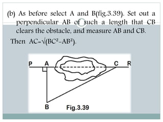 (b) As before select A and B(fig.3.39). Set out a
perpendicular AB of such a length that CB
clears the obstacle, and measure AB and CB.
Then AC=√(BC²-AB²).
 