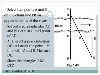 Select two points A and B
on the chain line PR on
opposite banks of the river.
Set out a perpendicular AD
and bisect it at C mid point
of AD .
At D erect a perpendicular
DE and mark the point E in
line with C and B. Measure
DE.
Since the triangles ABC
CED
are similar, AB=DE
 