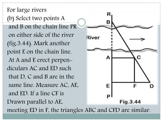 For large rivers
(b) Select two points A
and B on the chain line PR
on either side of the river
(fig.3.44). Mark another
point E on the chain line.
At A and E erect perpen-
diculars AC and ED such
that D, C and B are in the
same line. Measure AC, AE,
and ED. If a line CF is
Drawn parallel to AE,
meeting ED in F, the triangles ABC and CFD are similar.
 