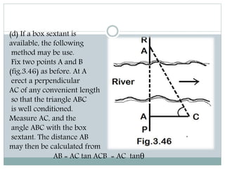 (d) If a box sextant is
available, the following
method may be use.
Fix two points A and B
(fig.3.46) as before. At A
erect a perpendicular
AC of any convenient length
so that the triangle ABC
is well conditioned.
Measure AC, and the
angle ABC with the box
sextant. The distance AB
may then be calculated from
AB = AC tan ACB = AC tanθ
 