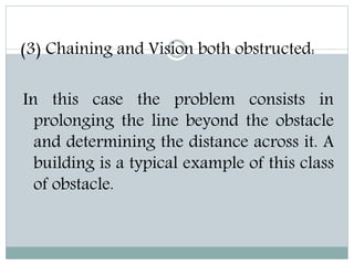 (3) Chaining and Vision both obstructed:
In this case the problem consists in
prolonging the line beyond the obstacle
and determining the distance across it. A
building is a typical example of this class
of obstacle.
 