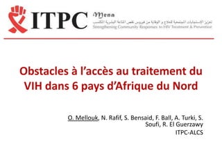 Obstacles à l’accès au traitement du
 VIH dans 6 pays d’Afrique du Nord

         O. Mellouk, N. Rafif, S. Bensaid, F. Ball, A. Turki, S.
                                      Soufi, R. El Guerzawy
                                                    ITPC-ALCS
 