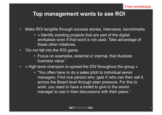 3
•  Make ROI tangible through success stories, interviews, benchmarks
•  « Identify exisiting projects that are part of the digital
workplace even if that word is not used. Take advantage of
these other initiatives.
•  “Do not fall into the ROI game.
•  Focus on examples, external or internal, that illustrate
business value.”
•  « High level champion to spread the DW throughout the group »
•  “You often have to do a sales pitch to individual senior
managers. Find one person who ‘gets it’ who can then sell it
across the Board level through peer pressure. For this to
work, you need to have a toolkit to give to the senior
manager to use in their discussions with their peers.”
Top management wants to see ROI
From workshops
 