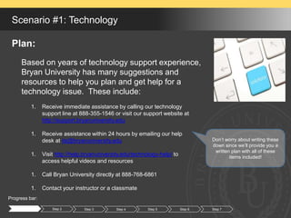 Scenario #1: Technology
Plan:
Progress bar:
Step 1 Step 2 Step 3 Step 4 Step 5 Step 6
Based on years of technology support experience,
Bryan University has many suggestions and
resources to help you plan and get help for a
technology issue. These include:
1. Receive immediate assistance by calling our technology
support line at 888-355-1546 or visit our support website at
http://support.bryanuniversity.edu
1. Receive assistance within 24 hours by emailing our help
desk at its@bryanuniversity.edu
1. Visit http://help.bryanuniversity.edu/technology-help/ to
access helpful videos and resources
1. Call Bryan University directly at 888-768-6861
1. Contact your instructor or a classmate
Don’t worry about writing these
down since we’ll provide you a
written plan with all of these
items included!
Step 7
 