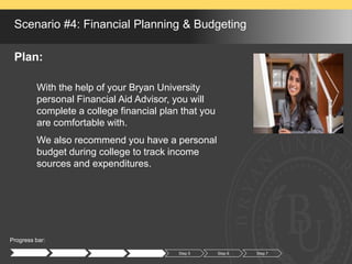 Progress bar:
Step 1 Step 2 Step 3 Step 4 Step 5 Step 6
Scenario #4: Financial Planning & Budgeting
Plan:
With the help of your Bryan University
personal Financial Aid Advisor, you will
complete a college financial plan that you
are comfortable with.
We also recommend you have a personal
budget during college to track income
sources and expenditures.
Step 7
 