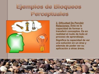 2. Dificultad De Percibir
Relaciones: Esta es la
capacidad de formar o
transferir conceptos. Es en
realidad el nudo de todo el
proceso de aprendizaje.
Significa la capacidad de ver
una solución en un área y
además de poder ver su
aplicación a otras áreas.
 