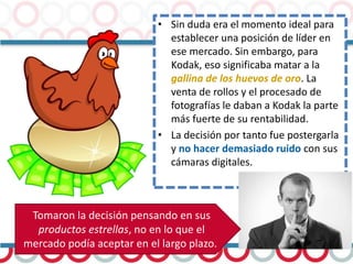 • Sin duda era el momento ideal para
establecer una posición de líder en
ese mercado. Sin embargo, para
Kodak, eso significaba matar a la
gallina de los huevos de oro. La
venta de rollos y el procesado de
fotografías le daban a Kodak la parte
más fuerte de su rentabilidad.
• La decisión por tanto fue postergarla
y no hacer demasiado ruido con sus
cámaras digitales.
Tomaron la decisión pensando en sus
productos estrellas, no en lo que el
mercado podía aceptar en el largo plazo.
 