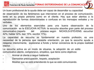 FORMAS DISTORSIONADAS DE LA COMUNICACIÓN 
Un buen profesional de la ayuda debe ser capaz de desarrollar su capacidad 
de observación de los fenómenos que intervienen en el proceso de comunicación, 
tanto en su propia persona como en el cliente. Hay que estar atentos a la 
reproducción de formas distorsionadas o confusas en los mensajes verbales y no 
verbales. 
Uno de los elementos esenciales para una buena observación de la 
comunicación es la ESCUCHA ACTIVA: la escucha absorbe gran parte del proceso 
comunicativo (reparto del proceso según NICHOLS-STEVENS: escuchar 
42%; hablar 32%; leer 15%; escribir 11%). 
La capacidad de escucha es fundamental en nuestra profesión, es una 
necesidad de la persona que necesita orientación, ya que la escucha ayuda a 
relajarse interiormente, explorarse a fondo y tomar conciencia de la propia realidad 
interior. 
La escucha activa es un modo de situarse, la adopción de un estilo 
comunicativo atento, comprensivo, empático, que tiene como objetivos: 
- Animar al cliente a seguir hablando 
- Demostrar preocupación, respeto, aceptación 
- Mostrar que se está entendiendo lo que se está comunicando. 
 