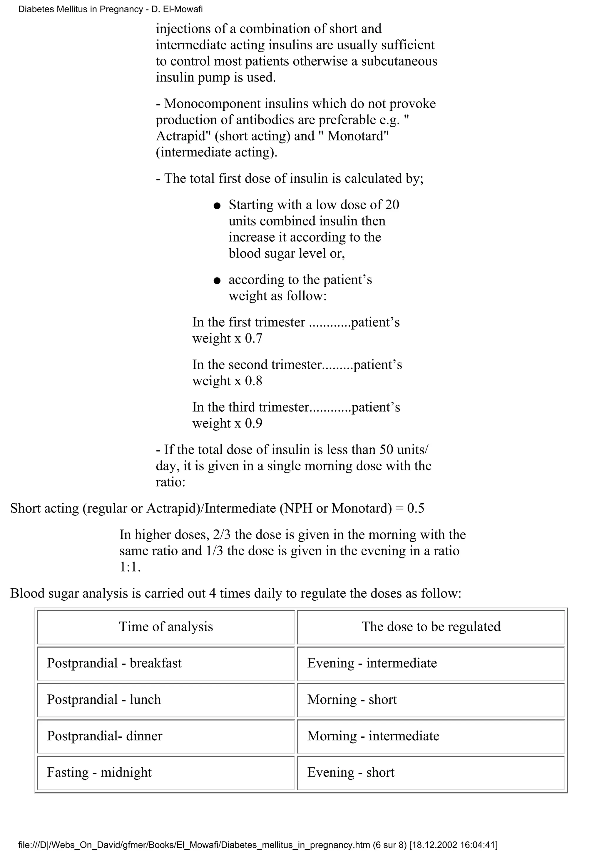 Diabetes Mellitus in Pregnancy - D. El-Mowafi

                                  injections of a combination of short and
                                  intermediate acting insulins are usually sufficient
                                  to control most patients otherwise a subcutaneous
                                  insulin pump is used.
                                  - Monocomponent insulins which do not provoke
                                  production of antibodies are preferable e.g. "
                                  Actrapid" (short acting) and " Monotard"
                                  (intermediate acting).
                                  - The total first dose of insulin is calculated by;
                                                 q   Starting with a low dose of 20
                                                     units combined insulin then
                                                     increase it according to the
                                                     blood sugar level or,
                                                 q   according to the patient’s
                                                     weight as follow:
                                           In the first trimester ............patient’s
                                           weight x 0.7
                                           In the second trimester.........patient’s
                                           weight x 0.8
                                           In the third trimester............patient’s
                                           weight x 0.9
                                  - If the total dose of insulin is less than 50 units/
                                  day, it is given in a single morning dose with the
                                  ratio:
Short acting (regular or Actrapid)/Intermediate (NPH or Monotard) = 0.5
                         In higher doses, 2/3 the dose is given in the morning with the
                         same ratio and 1/3 the dose is given in the evening in a ratio
                         1:1.
Blood sugar analysis is carried out 4 times daily to regulate the doses as follow:

                         Time of analysis                                        The dose to be regulated

        Postprandial - breakfast                                     Evening - intermediate

        Postprandial - lunch                                         Morning - short

        Postprandial- dinner                                         Morning - intermediate

        Fasting - midnight                                           Evening - short




 file:///D|/Webs_On_David/gfmer/Books/El_Mowafi/Diabetes_mellitus_in_pregnancy.htm (6 sur 8) [18.12.2002 16:04:41]
 