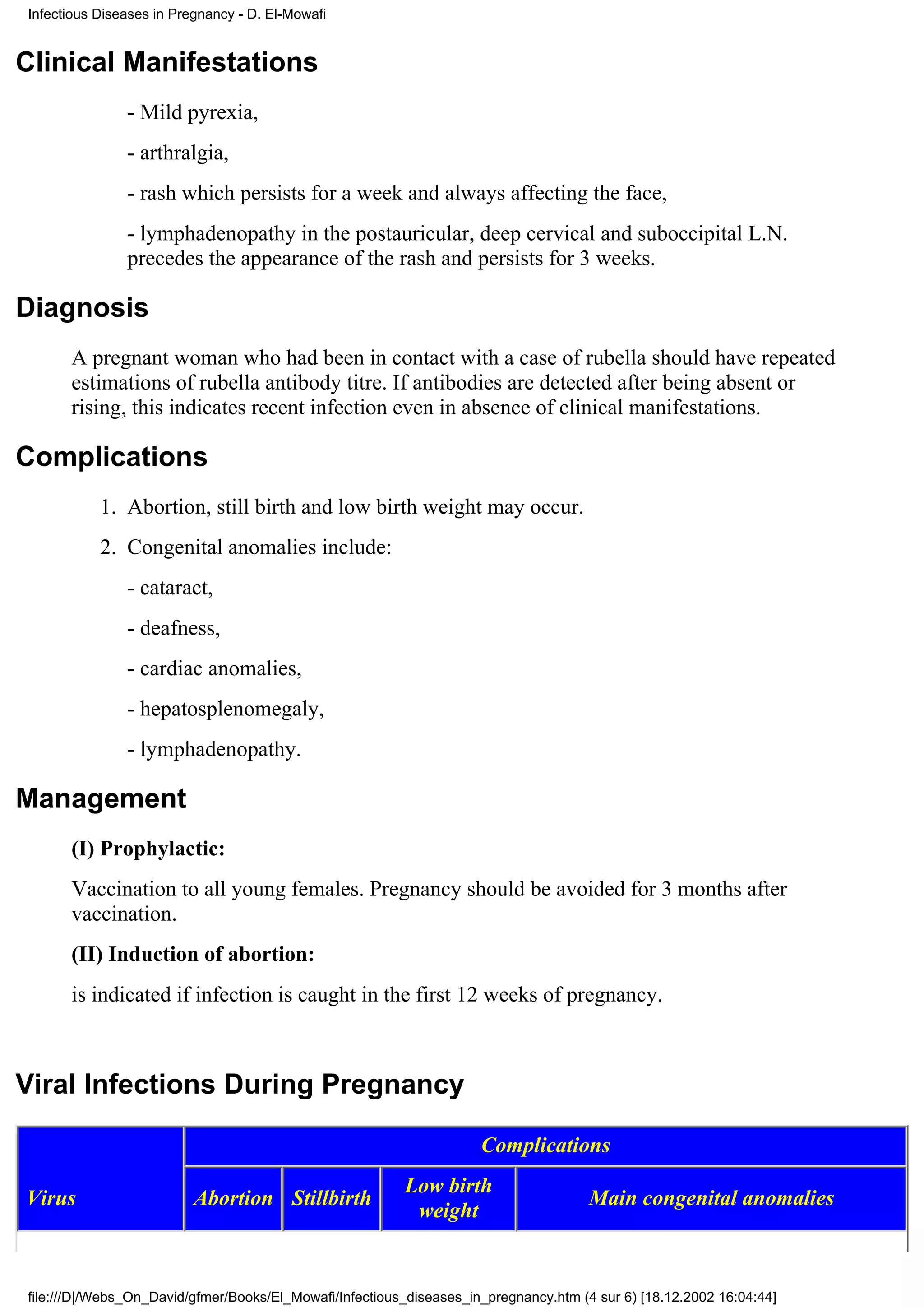Infectious Diseases in Pregnancy - D. El-Mowafi


Clinical Manifestations
               - Mild pyrexia,
               - arthralgia,
               - rash which persists for a week and always affecting the face,
               - lymphadenopathy in the postauricular, deep cervical and suboccipital L.N.
               precedes the appearance of the rash and persists for 3 weeks.

Diagnosis
      A pregnant woman who had been in contact with a case of rubella should have repeated
      estimations of rubella antibody titre. If antibodies are detected after being absent or
      rising, this indicates recent infection even in absence of clinical manifestations.

Complications
           1. Abortion, still birth and low birth weight may occur.
           2. Congenital anomalies include:
               - cataract,
               - deafness,
               - cardiac anomalies,
               - hepatosplenomegaly,
               - lymphadenopathy.

Management
      (I) Prophylactic:
      Vaccination to all young females. Pregnancy should be avoided for 3 months after
      vaccination.
      (II) Induction of abortion:
      is indicated if infection is caught in the first 12 weeks of pregnancy.



Viral Infections During Pregnancy

                                                                     Complications
                                                         Low birth
Virus                     Abortion Stillbirth                                         Main congenital anomalies
                                                          weight


file:///D|/Webs_On_David/gfmer/Books/El_Mowafi/Infectious_diseases_in_pregnancy.htm (4 sur 6) [18.12.2002 16:04:44]
 