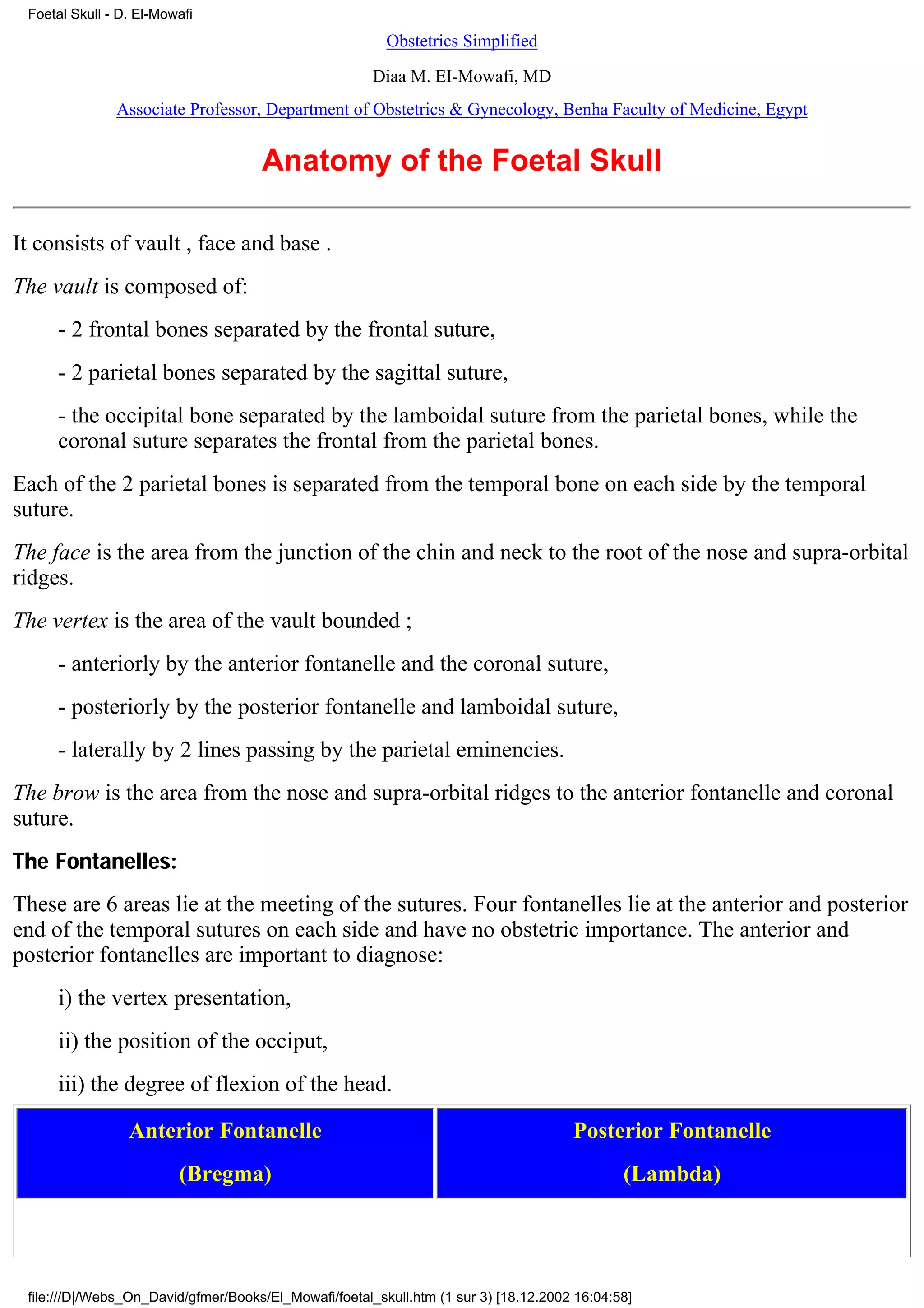 Foetal Skull - D. El-Mowafi
                                                         Obstetrics Simplified

                                                       Diaa M. EI-Mowafi, MD
               Associate Professor, Department of Obstetrics & Gynecology, Benha Faculty of Medicine, Egypt


                                     Anatomy of the Foetal Skull

It consists of vault , face and base .
The vault is composed of:
     - 2 frontal bones separated by the frontal suture,
     - 2 parietal bones separated by the sagittal suture,
     - the occipital bone separated by the lamboidal suture from the parietal bones, while the
     coronal suture separates the frontal from the parietal bones.
Each of the 2 parietal bones is separated from the temporal bone on each side by the temporal
suture.
The face is the area from the junction of the chin and neck to the root of the nose and supra-orbital
ridges.
The vertex is the area of the vault bounded ;
     - anteriorly by the anterior fontanelle and the coronal suture,
     - posteriorly by the posterior fontanelle and lamboidal suture,
     - laterally by 2 lines passing by the parietal eminencies.
The brow is the area from the nose and supra-orbital ridges to the anterior fontanelle and coronal
suture.
The Fontanelles:
These are 6 areas lie at the meeting of the sutures. Four fontanelles lie at the anterior and posterior
end of the temporal sutures on each side and have no obstetric importance. The anterior and
posterior fontanelles are important to diagnose:
     i) the vertex presentation,
     ii) the position of the occiput,
     iii) the degree of flexion of the head.

                 Anterior Fontanelle                                                  Posterior Fontanelle
                         (Bregma)                                                             (Lambda)




 file:///D|/Webs_On_David/gfmer/Books/El_Mowafi/foetal_skull.htm (1 sur 3) [18.12.2002 16:04:58]
 
