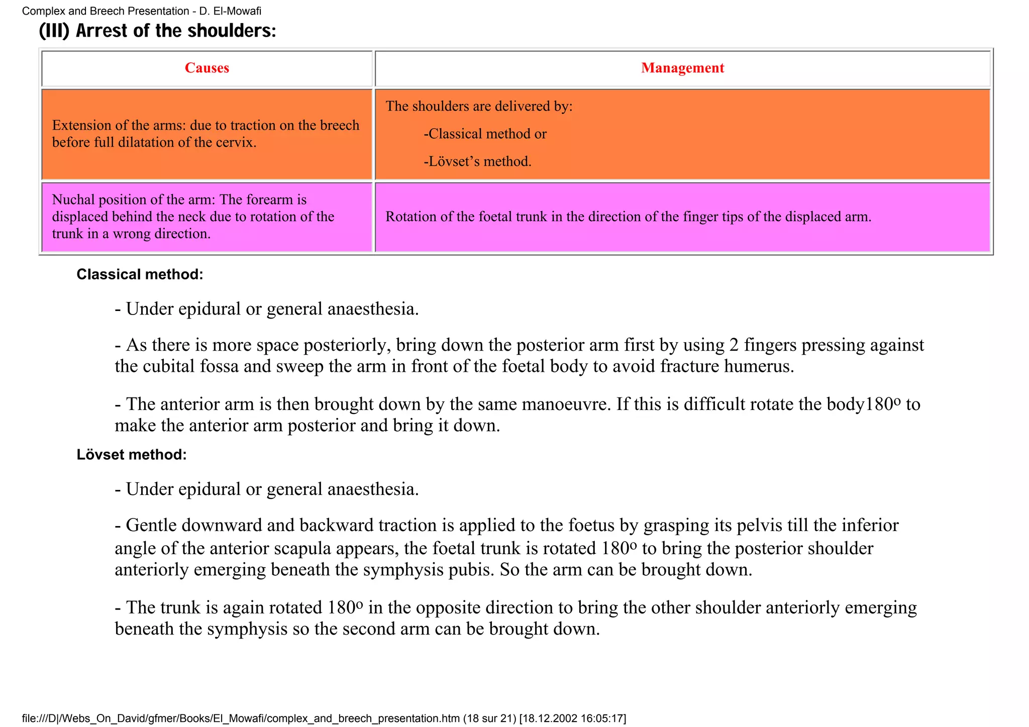 Complex and Breech Presentation - D. El-Mowafi

   (III) Arrest of the shoulders:
                               Causes                                                                                  Management

                                                                     The shoulders are delivered by:
     Extension of the arms: due to traction on the breech
                                                                             -Classical method or
     before full dilatation of the cervix.
                                                                             -Lövset’s method.

     Nuchal position of the arm: The forearm is
     displaced behind the neck due to rotation of the                Rotation of the foetal trunk in the direction of the finger tips of the displaced arm.
     trunk in a wrong direction.

          Classical method:

                 - Under epidural or general anaesthesia.
                 - As there is more space posteriorly, bring down the posterior arm first by using 2 fingers pressing against
                 the cubital fossa and sweep the arm in front of the foetal body to avoid fracture humerus.
                 - The anterior arm is then brought down by the same manoeuvre. If this is difficult rotate the body180o to
                 make the anterior arm posterior and bring it down.
          Lövset method:

                 - Under epidural or general anaesthesia.
                 - Gentle downward and backward traction is applied to the foetus by grasping its pelvis till the inferior
                 angle of the anterior scapula appears, the foetal trunk is rotated 180o to bring the posterior shoulder
                 anteriorly emerging beneath the symphysis pubis. So the arm can be brought down.
                 - The trunk is again rotated 180o in the opposite direction to bring the other shoulder anteriorly emerging
                 beneath the symphysis so the second arm can be brought down.



file:///D|/Webs_On_David/gfmer/Books/El_Mowafi/complex_and_breech_presentation.htm (18 sur 21) [18.12.2002 16:05:17]
 