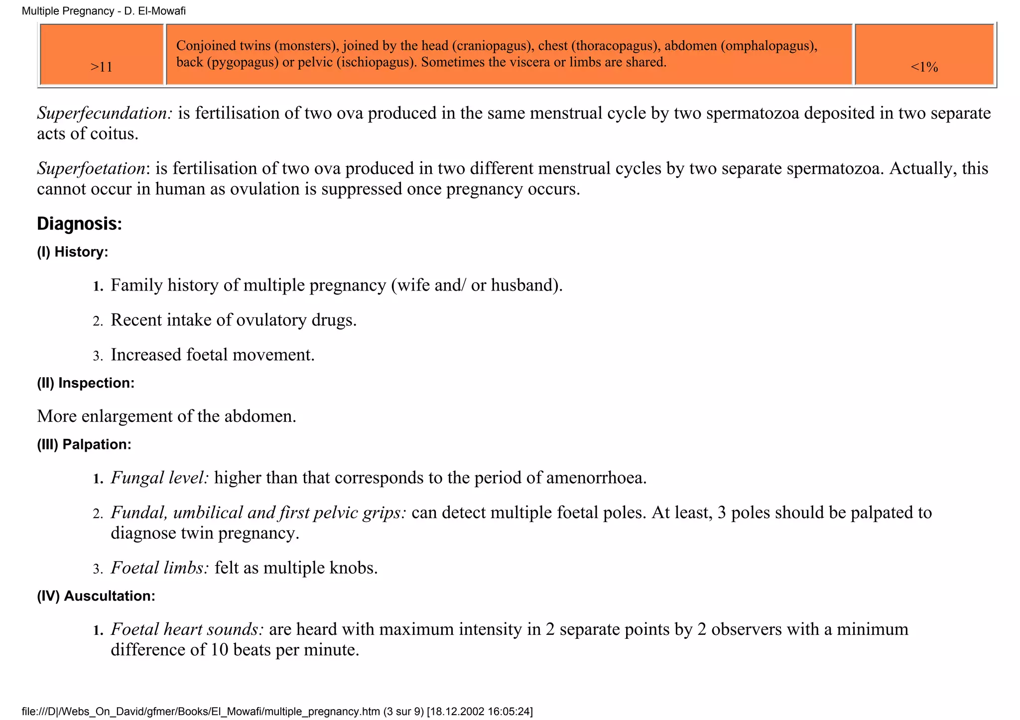 Multiple Pregnancy - D. El-Mowafi


                               Conjoined twins (monsters), joined by the head (craniopagus), chest (thoracopagus), abdomen (omphalopagus),
             >11               back (pygopagus) or pelvic (ischiopagus). Sometimes the viscera or limbs are shared.                          <1%


   Superfecundation: is fertilisation of two ova produced in the same menstrual cycle by two spermatozoa deposited in two separate
   acts of coitus.
   Superfoetation: is fertilisation of two ova produced in two different menstrual cycles by two separate spermatozoa. Actually, this
   cannot occur in human as ovulation is suppressed once pregnancy occurs.
   Diagnosis:
   (I) History:

              1.   Family history of multiple pregnancy (wife and/ or husband).
              2.   Recent intake of ovulatory drugs.
              3.   Increased foetal movement.
   (II) Inspection:

   More enlargement of the abdomen.
   (III) Palpation:

              1.   Fungal level: higher than that corresponds to the period of amenorrhoea.
              2.   Fundal, umbilical and first pelvic grips: can detect multiple foetal poles. At least, 3 poles should be palpated to
                   diagnose twin pregnancy.
              3.   Foetal limbs: felt as multiple knobs.
   (IV) Auscultation:

              1.   Foetal heart sounds: are heard with maximum intensity in 2 separate points by 2 observers with a minimum
                   difference of 10 beats per minute.


file:///D|/Webs_On_David/gfmer/Books/El_Mowafi/multiple_pregnancy.htm (3 sur 9) [18.12.2002 16:05:24]
 