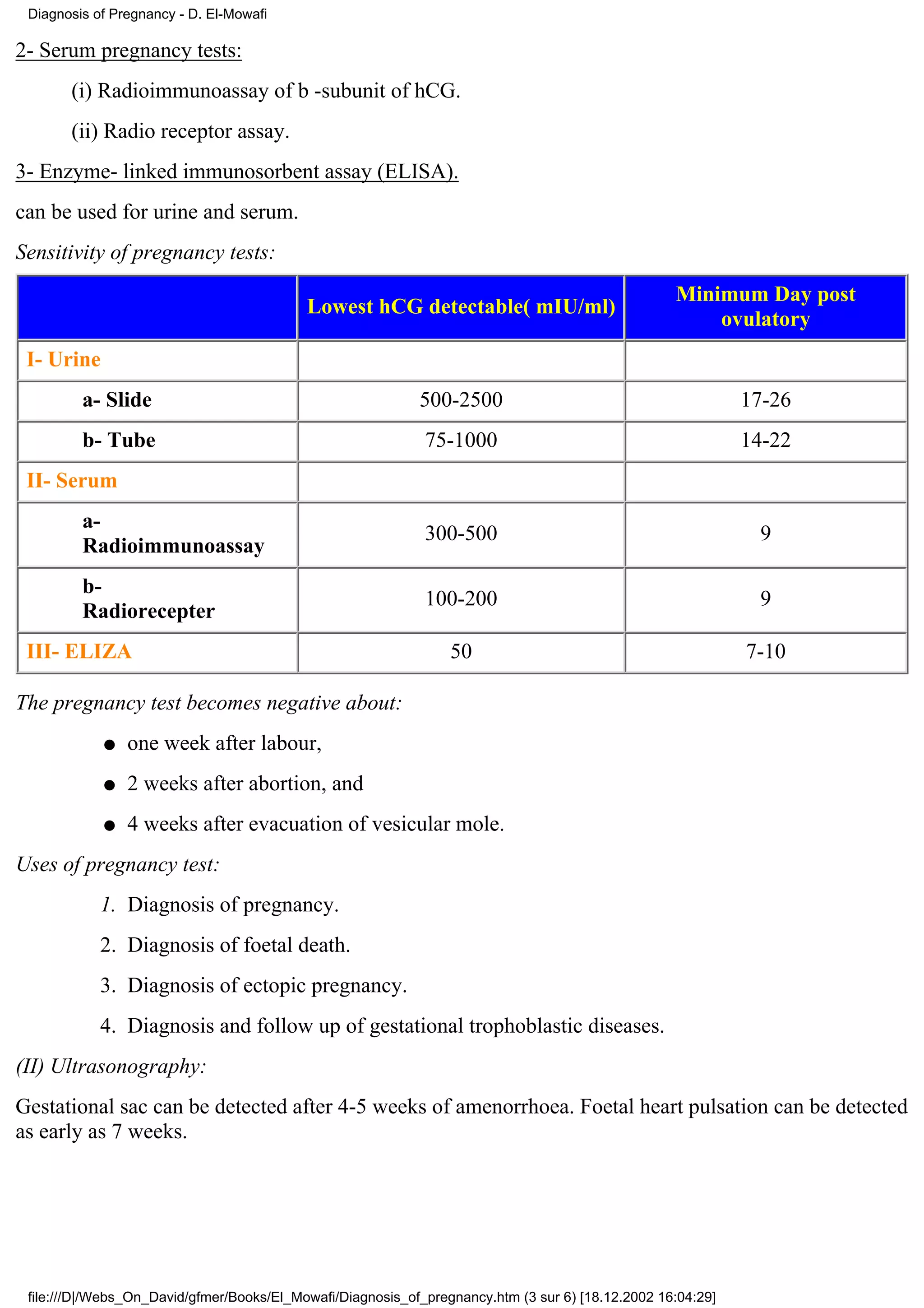 Diagnosis of Pregnancy - D. El-Mowafi

2- Serum pregnancy tests:
       (i) Radioimmunoassay of b -subunit of hCG.
       (ii) Radio receptor assay.
3- Enzyme- linked immunosorbent assay (ELISA).
can be used for urine and serum.
Sensitivity of pregnancy tests:
                                                                                                   Minimum Day post
                                           Lowest hCG detectable( mIU/ml)
                                                                                                       ovulatory
 I- Urine
         a- Slide                                           500-2500                                         17-26
         b- Tube                                             75-1000                                         14-22
 II- Serum
         a-
                                                             300-500                                          9
         Radioimmunoassay
         b-
                                                             100-200                                          9
         Radiorecepter
 III- ELIZA                                                      50                                          7-10

The pregnancy test becomes negative about:
            q   one week after labour,
            q   2 weeks after abortion, and
            q   4 weeks after evacuation of vesicular mole.
Uses of pregnancy test:
            1. Diagnosis of pregnancy.
            2. Diagnosis of foetal death.
            3. Diagnosis of ectopic pregnancy.
            4. Diagnosis and follow up of gestational trophoblastic diseases.
(II) Ultrasonography:
Gestational sac can be detected after 4-5 weeks of amenorrhoea. Foetal heart pulsation can be detected
as early as 7 weeks.




 file:///D|/Webs_On_David/gfmer/Books/El_Mowafi/Diagnosis_of_pregnancy.htm (3 sur 6) [18.12.2002 16:04:29]
 