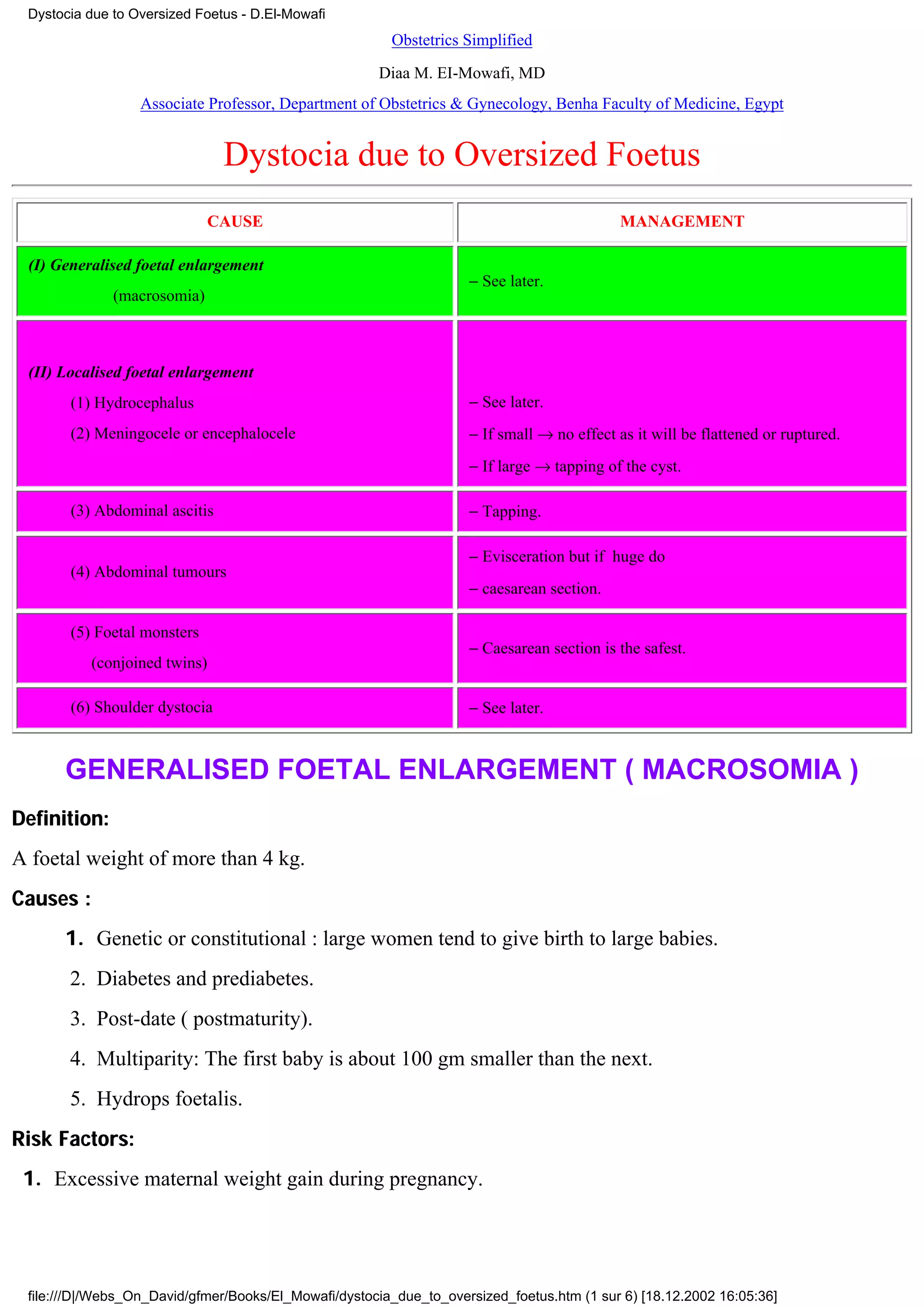 Dystocia due to Oversized Foetus - D.El-Mowafi
                                                        Obstetrics Simplified

                                                      Diaa M. EI-Mowafi, MD
                  Associate Professor, Department of Obstetrics & Gynecology, Benha Faculty of Medicine, Egypt


                               Dystocia due to Oversized Foetus
                             CAUSE                                                         MANAGEMENT

 (I) Generalised foetal enlargement
                                                                    − See later.
              (macrosomia)



 (II) Localised foetal enlargement
       (1) Hydrocephalus                                            − See later.
       (2) Meningocele or encephalocele                             − If small → no effect as it will be flattened or ruptured.
                                                                    − If large → tapping of the cyst.

       (3) Abdominal ascitis                                        − Tapping.

                                                                    − Evisceration but if huge do
       (4) Abdominal tumours
                                                                    − caesarean section.

       (5) Foetal monsters
                                                                    − Caesarean section is the safest.
           (conjoined twins)

       (6) Shoulder dystocia                                        − See later.



      GENERALISED FOETAL ENLARGEMENT ( MACROSOMIA )
Definition:
A foetal weight of more than 4 kg.
Causes :
      1. Genetic or constitutional : large women tend to give birth to large babies.
       2. Diabetes and prediabetes.
       3. Post-date ( postmaturity).
       4. Multiparity: The first baby is about 100 gm smaller than the next.
       5. Hydrops foetalis.
Risk Factors:
 1. Excessive maternal weight gain during pregnancy.




 file:///D|/Webs_On_David/gfmer/Books/El_Mowafi/dystocia_due_to_oversized_foetus.htm (1 sur 6) [18.12.2002 16:05:36]
 