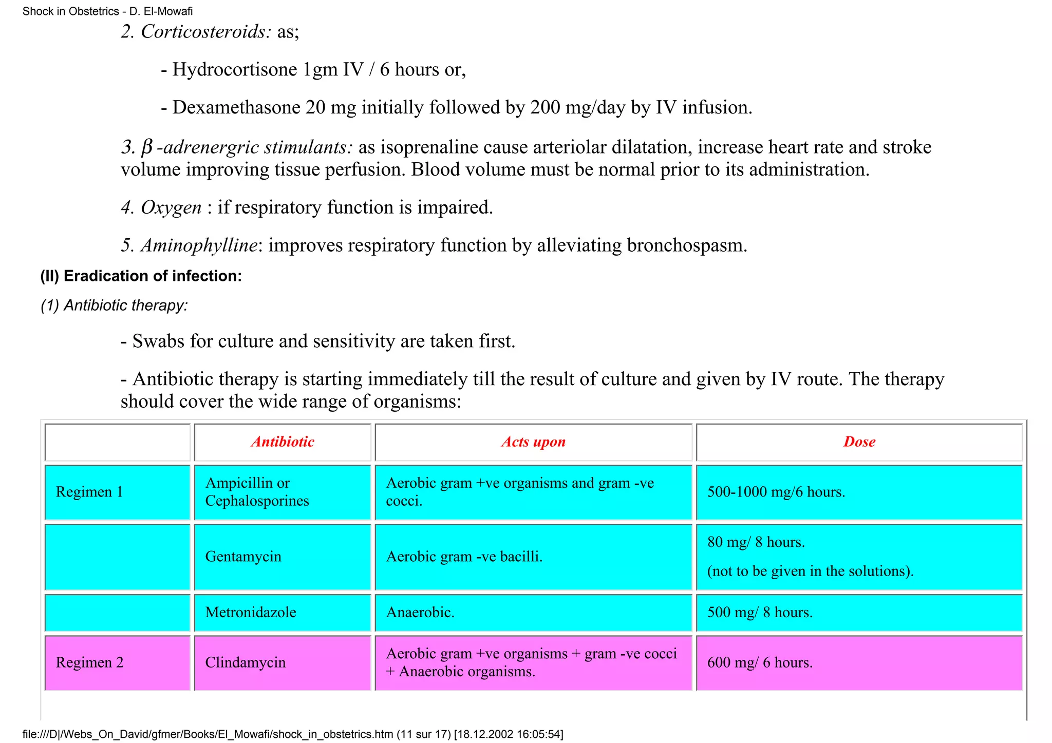 Shock in Obstetrics - D. El-Mowafi

                   2. Corticosteroids: as;
                           - Hydrocortisone 1gm IV / 6 hours or,
                           - Dexamethasone 20 mg initially followed by 200 mg/day by IV infusion.
                   3. β -adrenergric stimulants: as isoprenaline cause arteriolar dilatation, increase heart rate and stroke
                   volume improving tissue perfusion. Blood volume must be normal prior to its administration.
                   4. Oxygen : if respiratory function is impaired.
                   5. Aminophylline: improves respiratory function by alleviating bronchospasm.
   (II) Eradication of infection:
   (1) Antibiotic therapy:

                   - Swabs for culture and sensitivity are taken first.
                   - Antibiotic therapy is starting immediately till the result of culture and given by IV route. The therapy
                   should cover the wide range of organisms:
                                           Antibiotic                                       Acts upon                                     Dose

                                     Ampicillin or                   Aerobic gram +ve organisms and gram -ve
      Regimen 1                                                                                                    500-1000 mg/6 hours.
                                     Cephalosporines                 cocci.

                                                                                                                   80 mg/ 8 hours.
                                     Gentamycin                      Aerobic gram -ve bacilli.
                                                                                                                   (not to be given in the solutions).

                                     Metronidazole                   Anaerobic.                                    500 mg/ 8 hours.

                                                                     Aerobic gram +ve organisms + gram -ve cocci
      Regimen 2                      Clindamycin                                                                   600 mg/ 6 hours.
                                                                     + Anaerobic organisms.


file:///D|/Webs_On_David/gfmer/Books/El_Mowafi/shock_in_obstetrics.htm (11 sur 17) [18.12.2002 16:05:54]
 