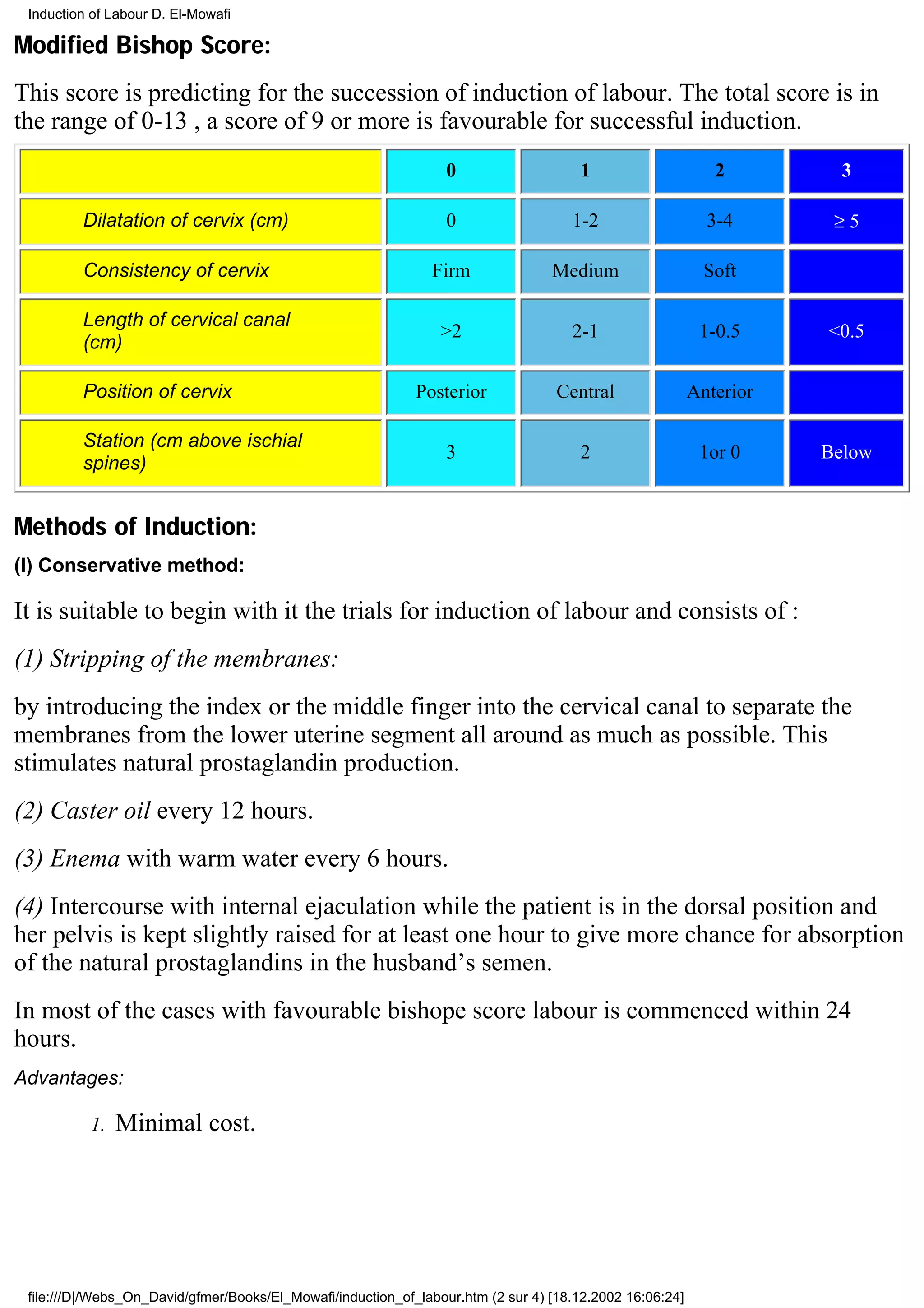 Induction of Labour D. El-Mowafi

Modified Bishop Score:
This score is predicting for the succession of induction of labour. The total score is in
the range of 0-13 , a score of 9 or more is favourable for successful induction.
                                                                  0                   1                      2         3

         Dilatation of cervix (cm)                                0                  1-2                    3-4       ≥5

         Consistency of cervix                                 Firm               Medium                    Soft

         Length of cervical canal
                                                                 >2                  2-1                   1-0.5     <0.5
         (cm)

         Position of cervix                                  Posterior             Central                Anterior

         Station (cm above ischial
                                                                  3                   2                    1or 0     Below
         spines)


Methods of Induction:
(I) Conservative method:

It is suitable to begin with it the trials for induction of labour and consists of :
(1) Stripping of the membranes:
by introducing the index or the middle finger into the cervical canal to separate the
membranes from the lower uterine segment all around as much as possible. This
stimulates natural prostaglandin production.
(2) Caster oil every 12 hours.
(3) Enema with warm water every 6 hours.
(4) Intercourse with internal ejaculation while the patient is in the dorsal position and
her pelvis is kept slightly raised for at least one hour to give more chance for absorption
of the natural prostaglandins in the husband’s semen.
In most of the cases with favourable bishope score labour is commenced within 24
hours.
Advantages:

          1.   Minimal cost.




 file:///D|/Webs_On_David/gfmer/Books/El_Mowafi/induction_of_labour.htm (2 sur 4) [18.12.2002 16:06:24]
 